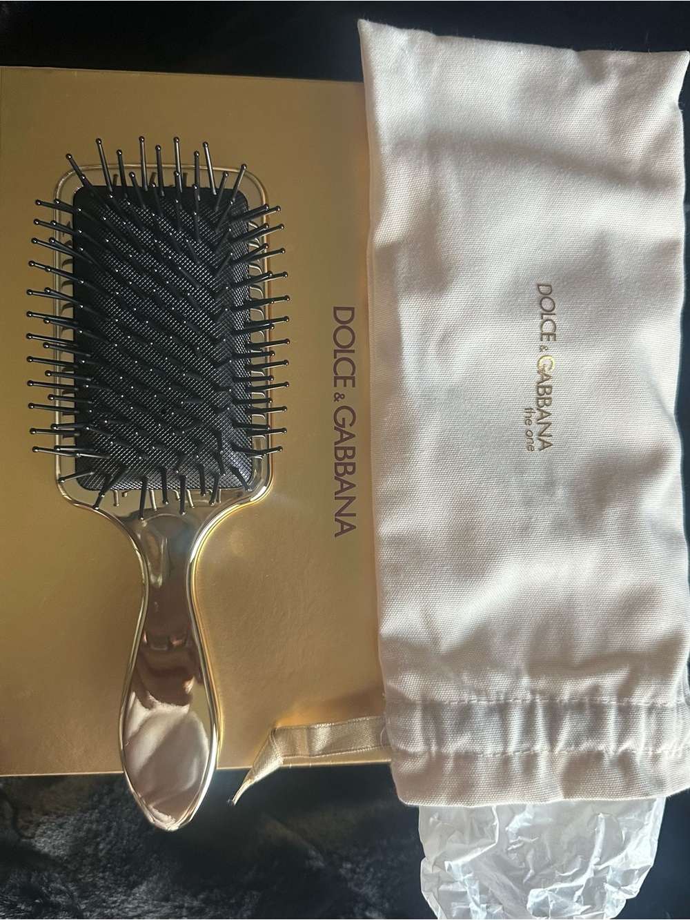 Dolce & Gabbana Gold and Black Paddle Brush with Logo Pouch